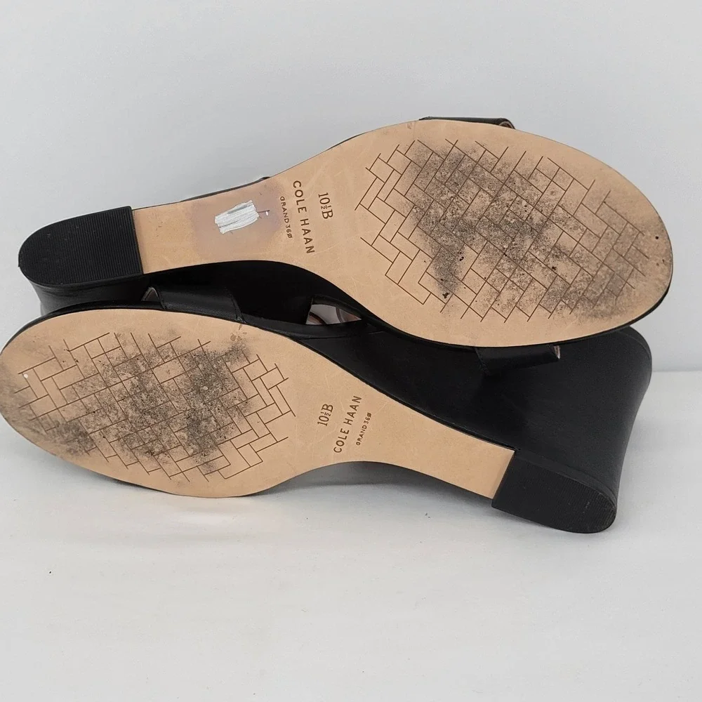 Cole Haan Grand 360 Black Leather Wedge Sandals Womens 10.5 B Ankle Strap Gold